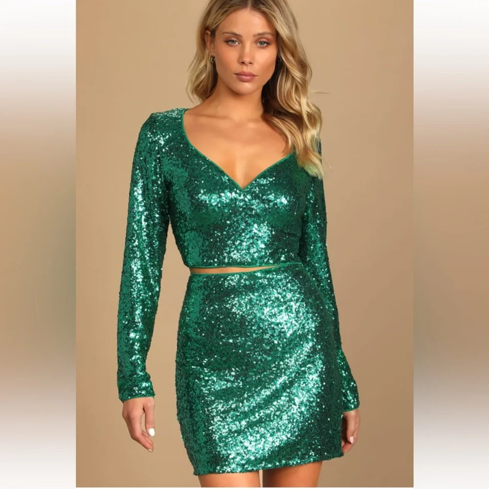 LuLus Glitzy Celebration Emerald Green Sequin Two-Piece Mini Dress | NYE - Picture 3 of 12